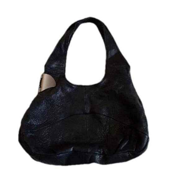 Halston Heritage Women's Black Pebbled Leather Metal Hinge Monogram Hobo Purse - Picture 2 of 15